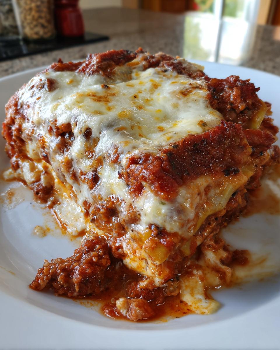A close-up of a thick slice of Instant Pot Lasagna layered with meat sauce and melted mozzarella cheese on a white plate.