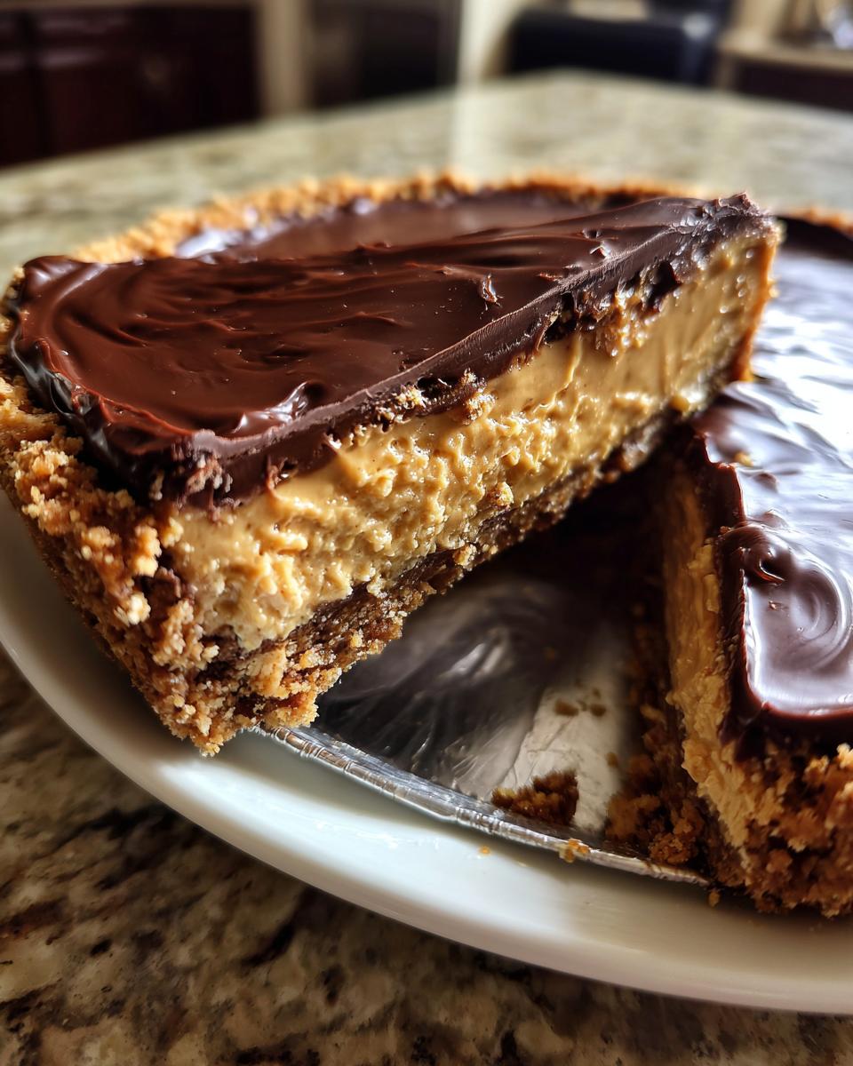 Close-up of a thick slice of peanut butter pie showing the creamy filling, graham cracker crust, and glossy chocolate ganache topping.