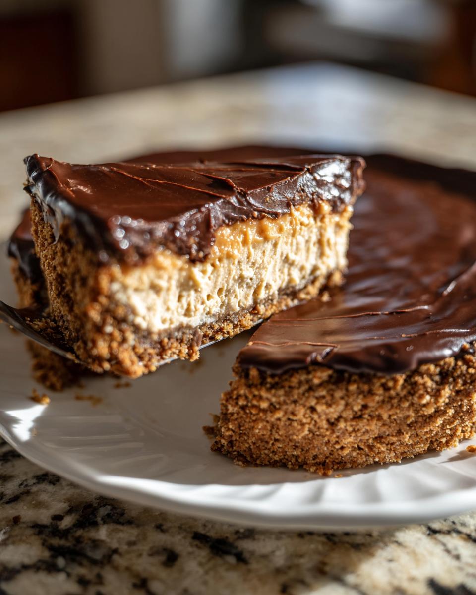 A slice of creamy peanut butter pie being lifted from the whole pie, showing the thick crust, filling, and chocolate ganache topping.