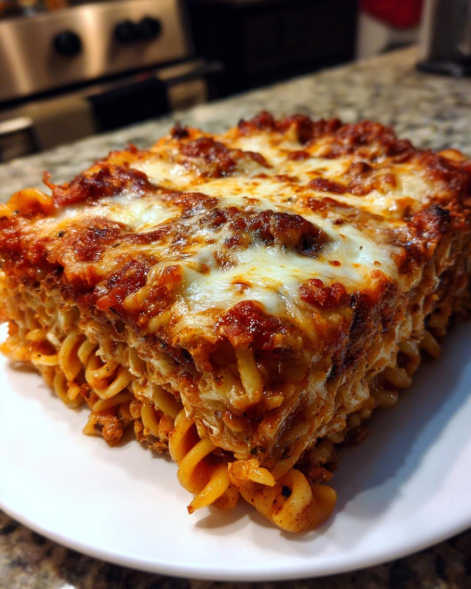 A thick, square slice of baked pizza casserole featuring rotini pasta, rich tomato sauce, and melted mozzarella cheese.