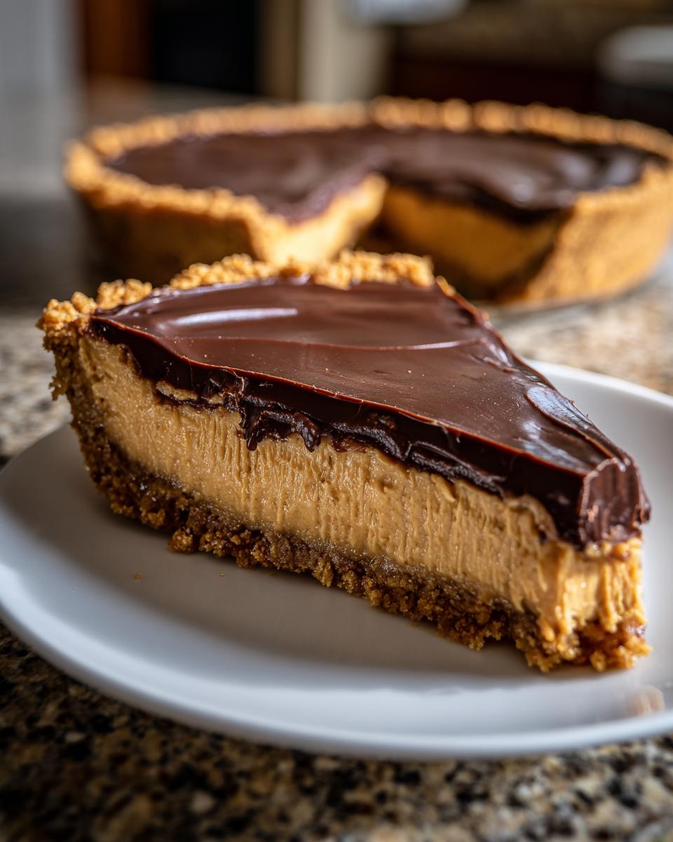 A close-up of a perfect slice of peanut butter pie with a thick graham cracker crust and glossy chocolate ganache topping.