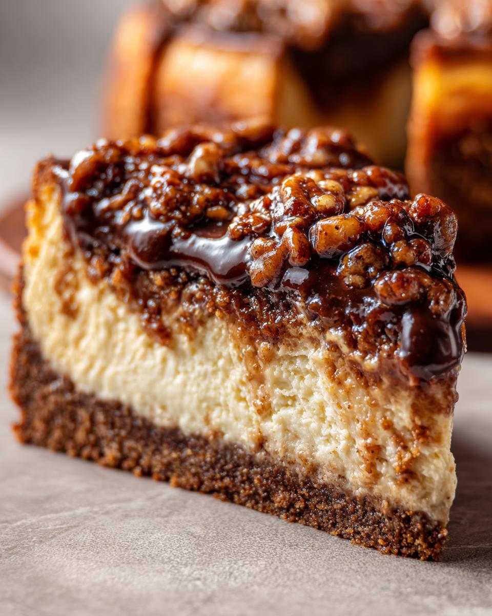 Close-up of a decadent slice of pecan pie cheesecake showing the graham cracker crust, creamy filling, and rich pecan topping.