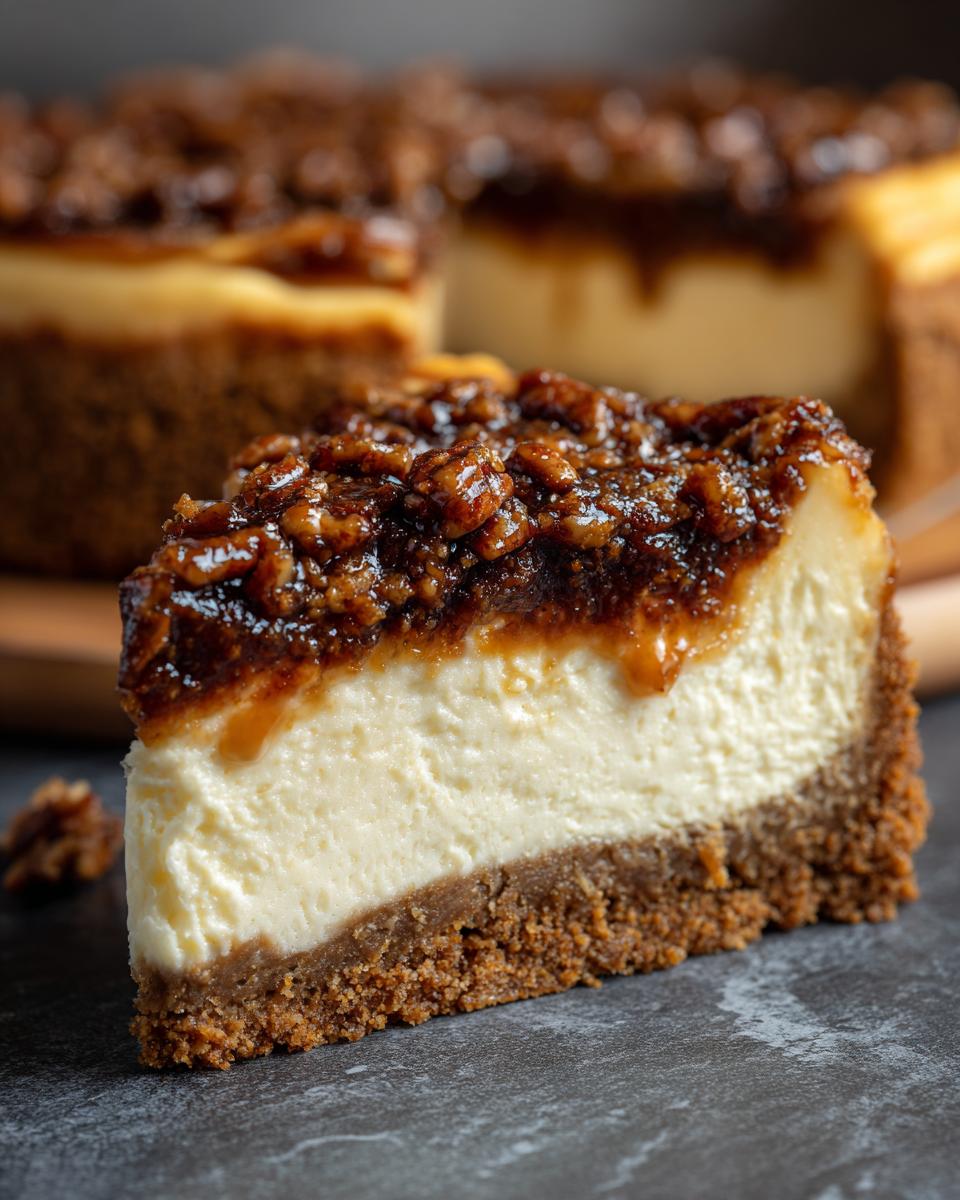 Close-up of a rich slice of pecan pie cheesecake showing the graham cracker crust, creamy filling, and sticky pecan topping.