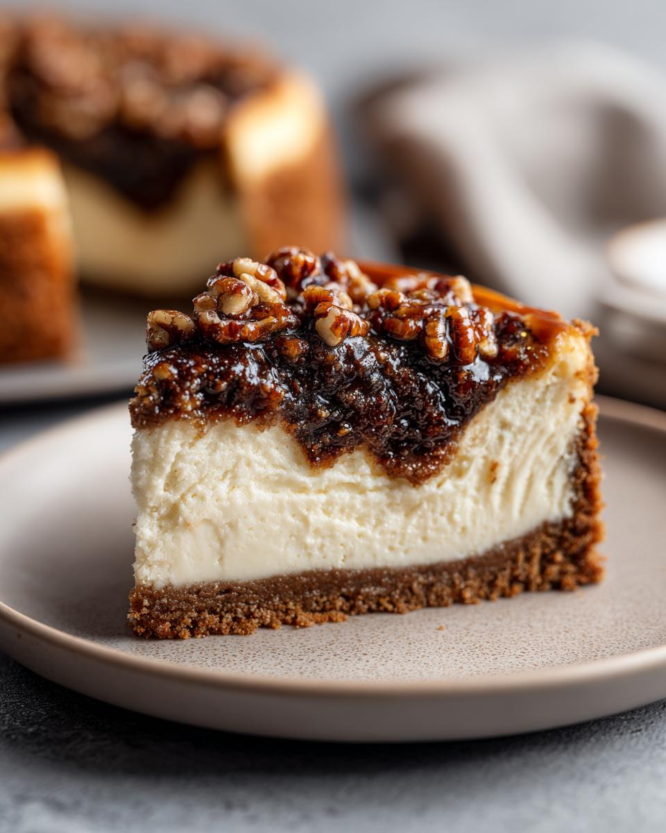 A close-up of a decadent slice of pecan pie cheesecake showing a thick graham cracker crust, creamy filling, and rich pecan topping.