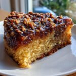 Close-up of a moist slice of pecan upside down cake featuring a rich, glossy caramel and chopped pecan topping.