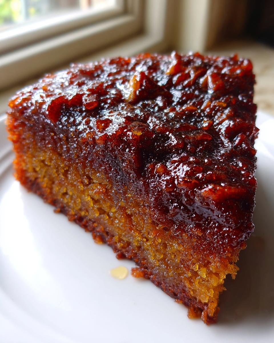 A close-up slice of moist pecan upside down cake featuring a dark, glossy caramel topping.
