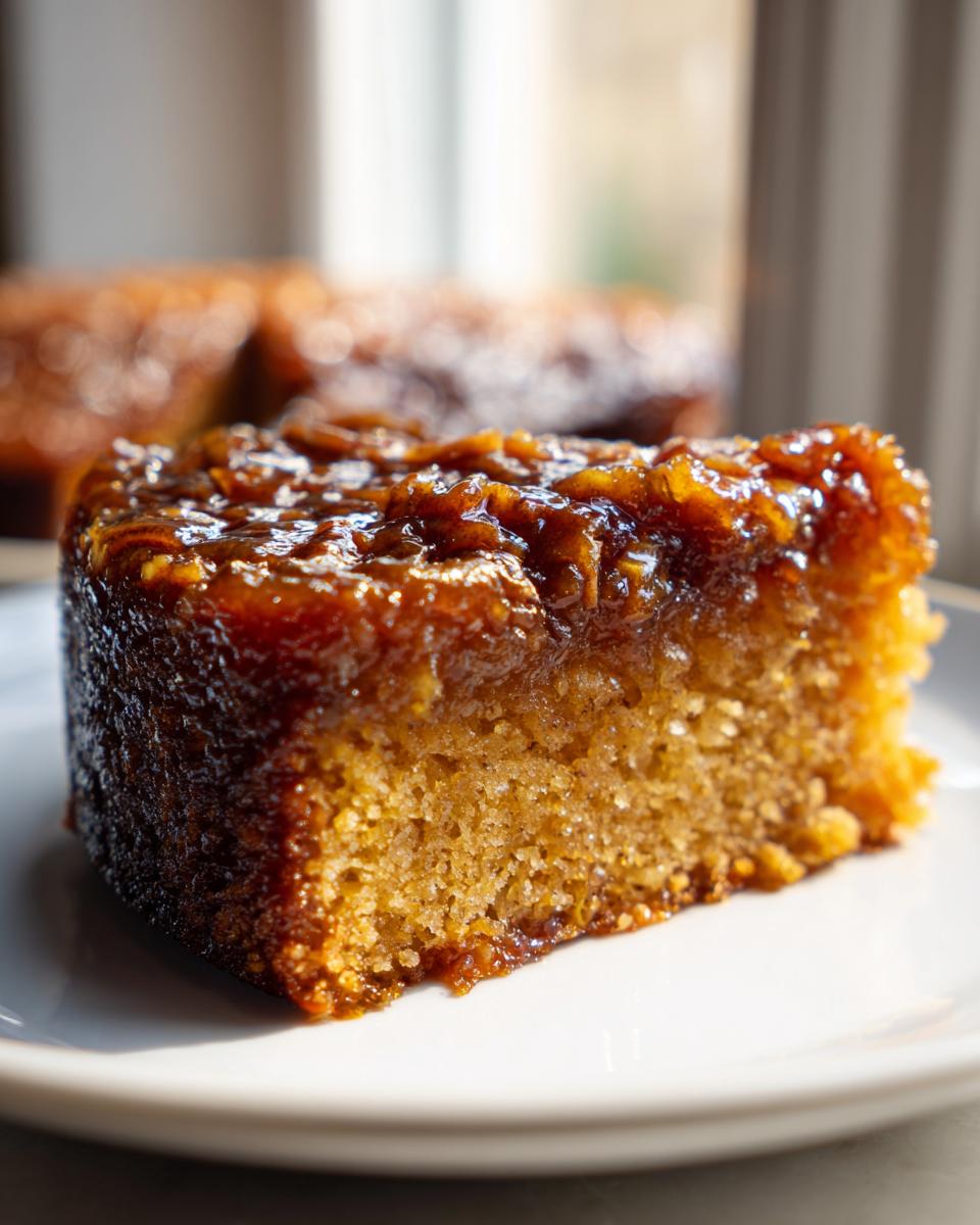 Close-up of a moist slice of pecan upside down cake showing the rich, sticky caramel and pecan topping.