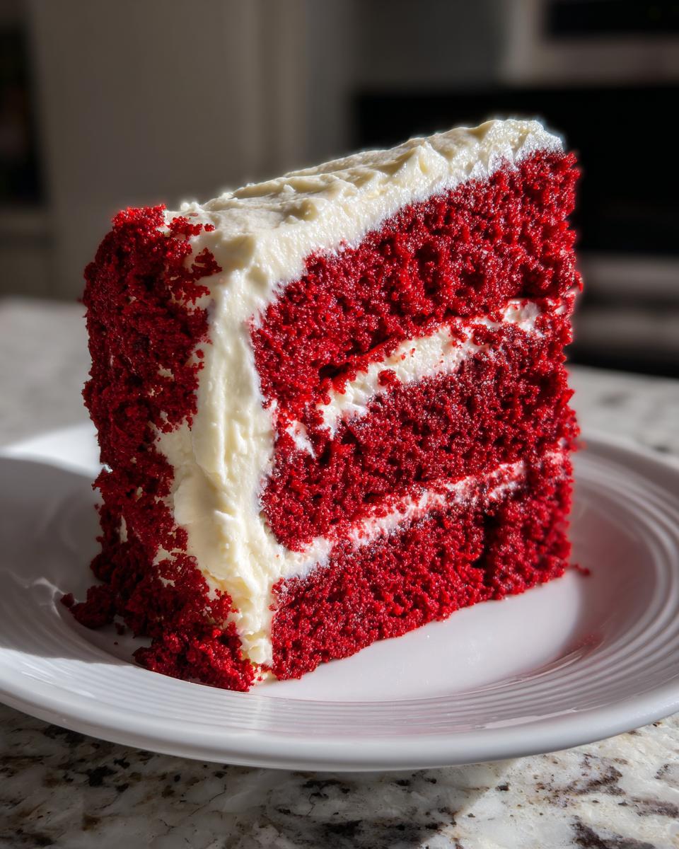 A tall, moist slice of red velvet cake layered with thick cream cheese frosting, sitting on a white plate.