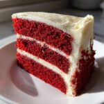 A tall, moist slice of red velvet cake with three layers of deep red cake separated by thick white cream cheese frosting.