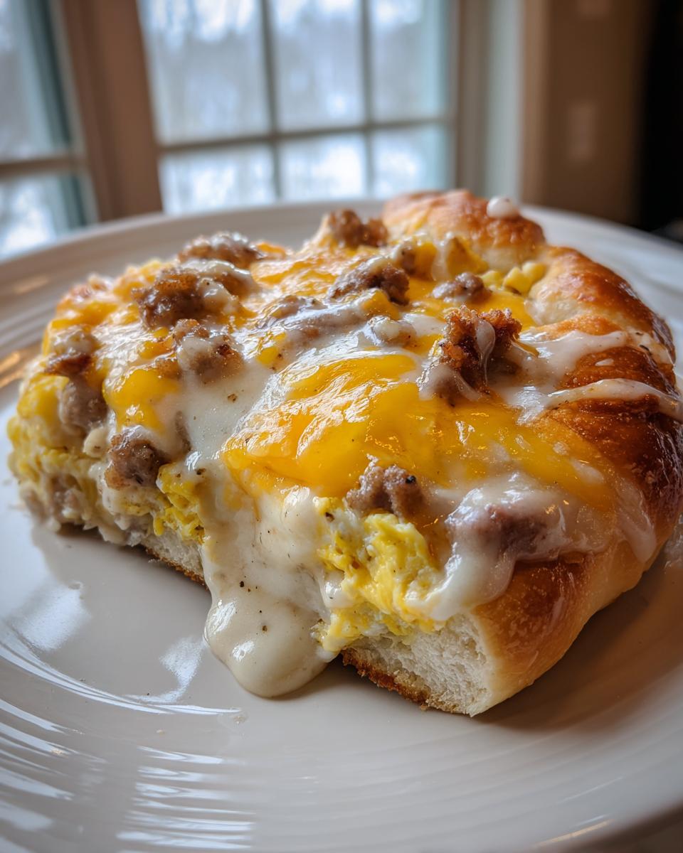 A close-up slice of sausage gravy breakfast pizza showing scrambled eggs, sausage crumbles, melted cheddar, and dripping white gravy.