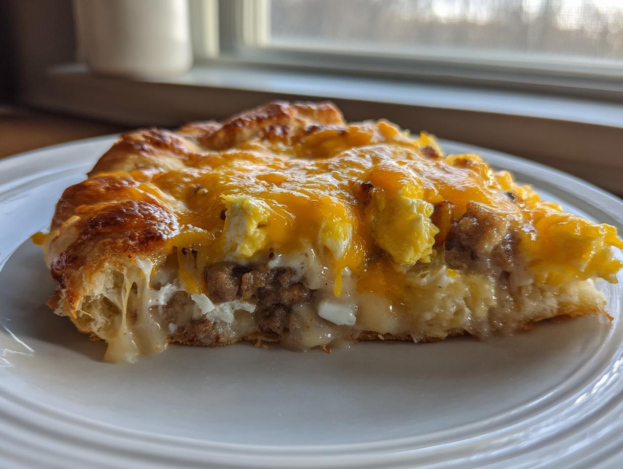 Close-up of a slice of sausage gravy breakfast pizza showing layers of crust, sausage, eggs, and melted cheddar cheese.