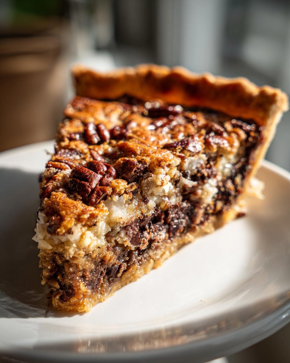 Close-up of a rich slice of texas trash pie showing pecans, chocolate, and coconut filling on a white plate.