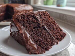 Close-up of a moist slice of chocolate cake recipe with rich, dark chocolate frosting on a white plate.