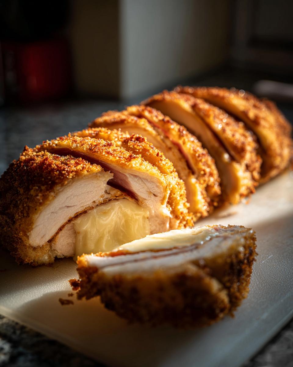 A perfectly cooked and sliced chicken cordon bleu roll showing melted cheese oozing out, highlighting the crispy coating.