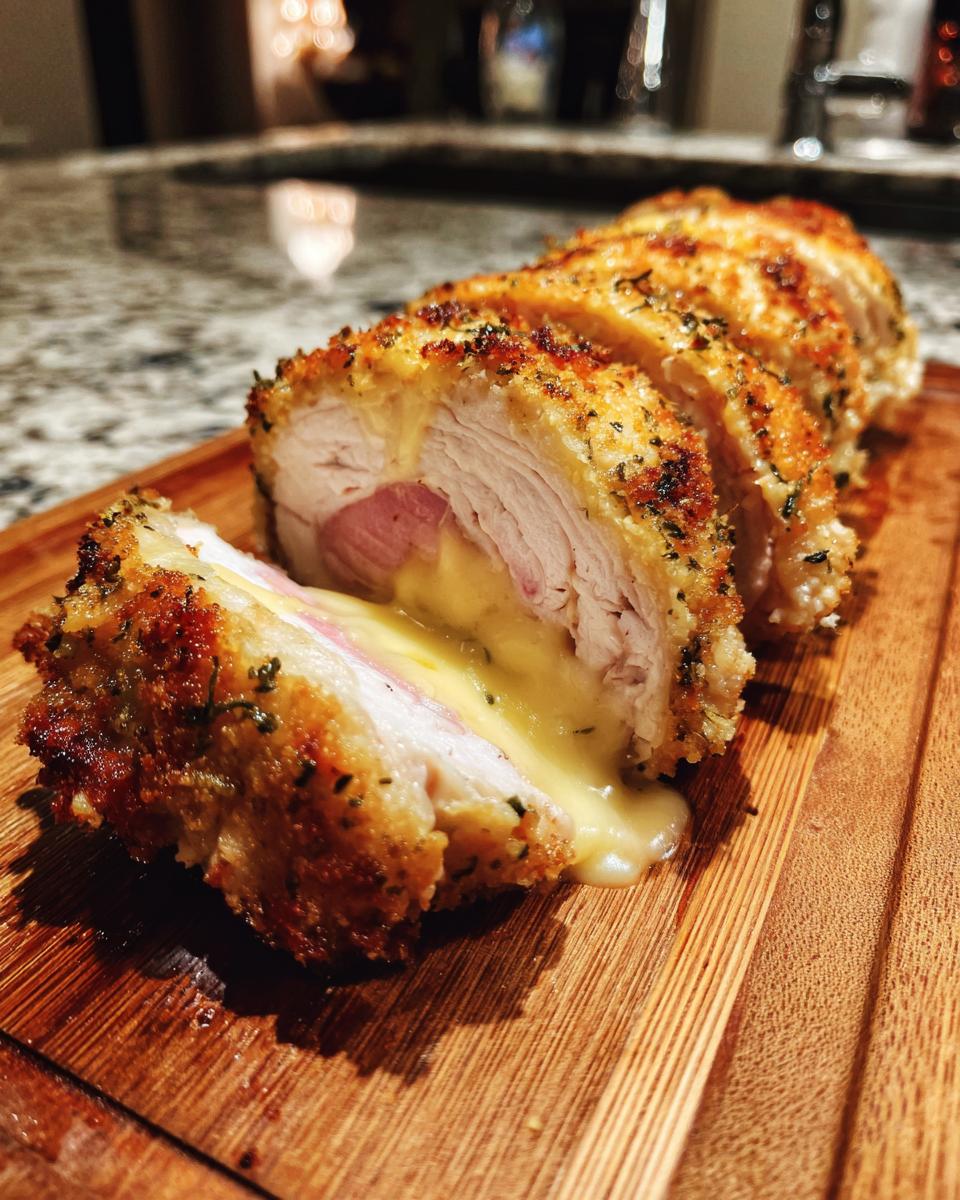 Close-up of a sliced, breaded chicken cordon bleu roll with ham and oozing melted cheese.