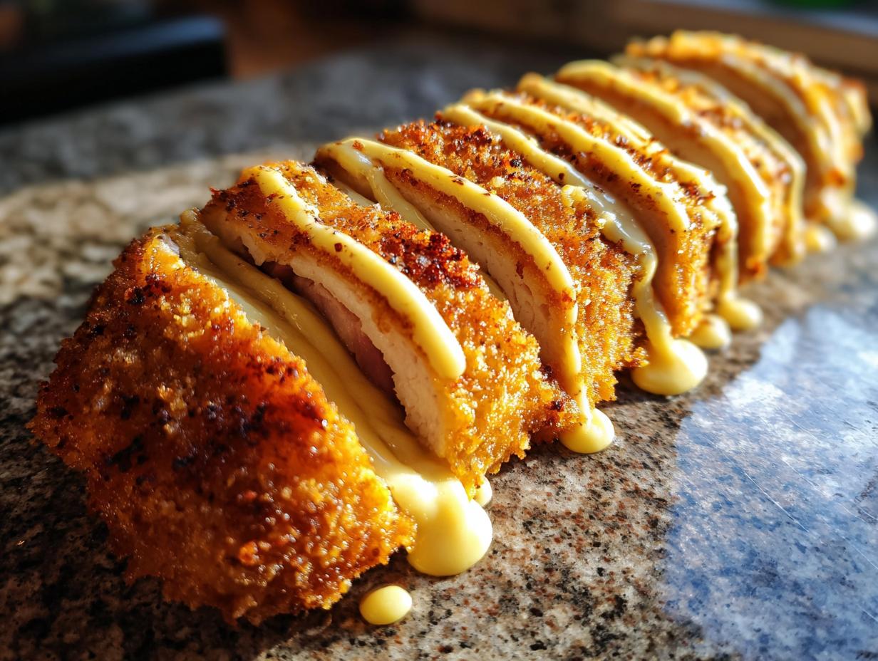 A golden, breaded chicken cordon bleu roll, sliced to show ham and melted cheese oozing out, drizzled with sauce.