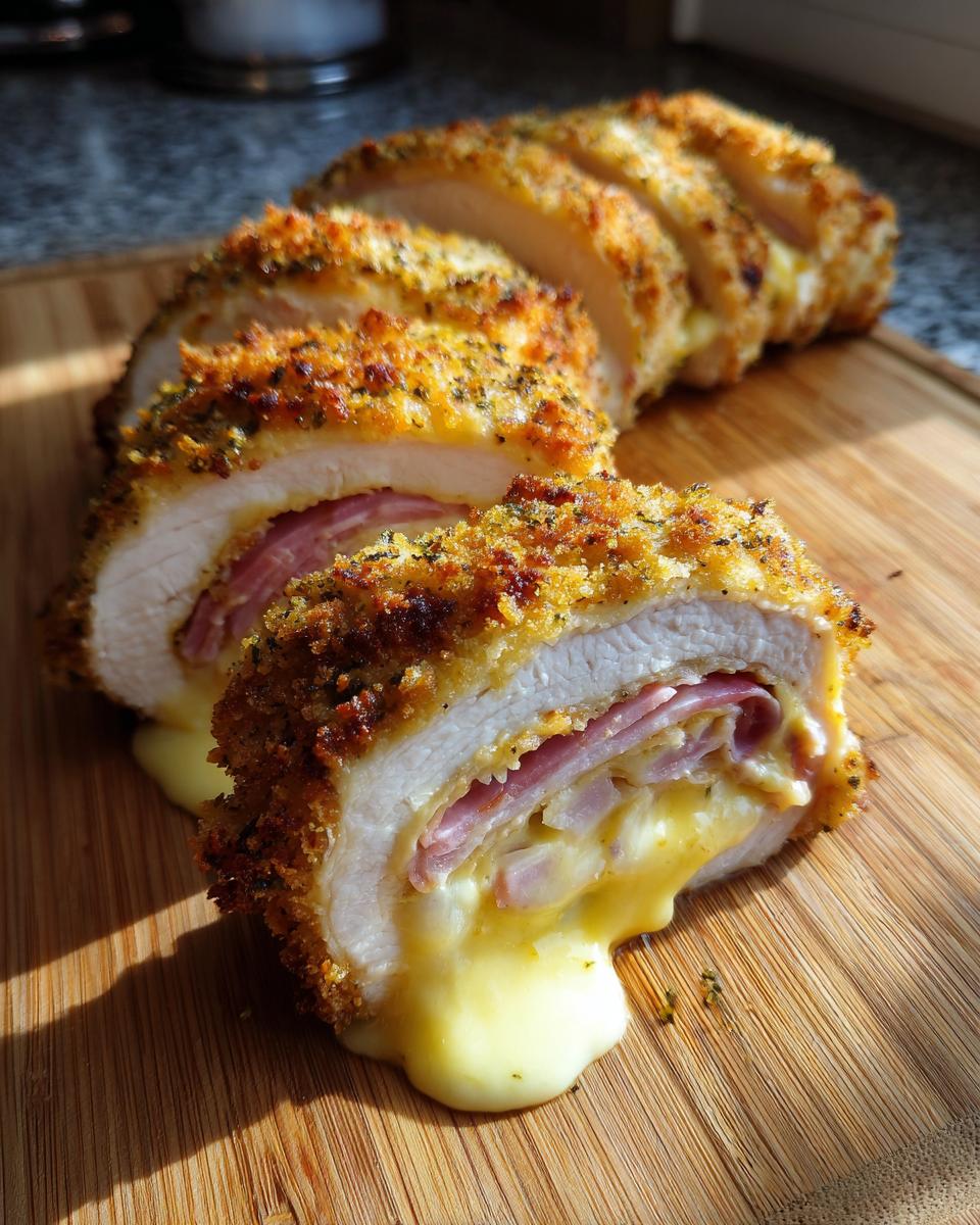 Close-up of sliced chicken cordon bleu showing crispy breading, ham, and oozing melted cheese.