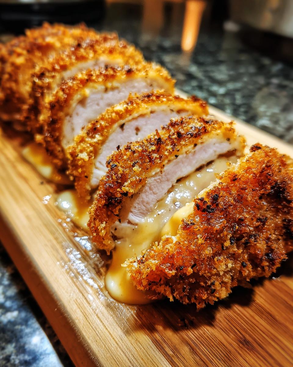 Close-up of sliced, crispy breaded chicken cordon bleu revealing melted cheese oozing out onto a wooden board.
