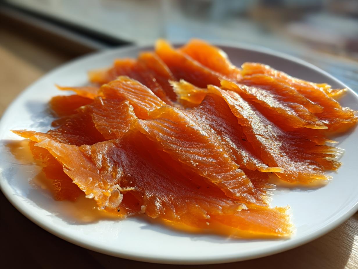 Thinly sliced, bright orange smoked salmon arranged neatly on a white plate, glistening in the sunlight.