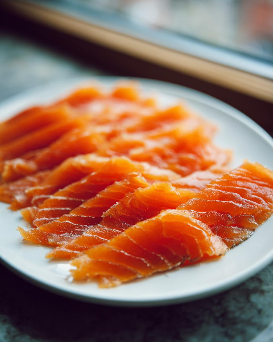 Close-up of thinly sliced, vibrant orange smoked salmon elegantly arranged on a white plate.