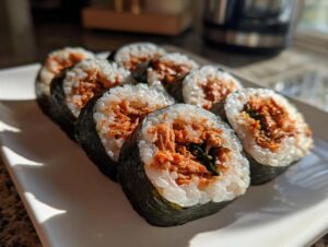 A row of freshly sliced tuna kimbap rolls showing the rice, seaweed wrapper, and spicy tuna filling.