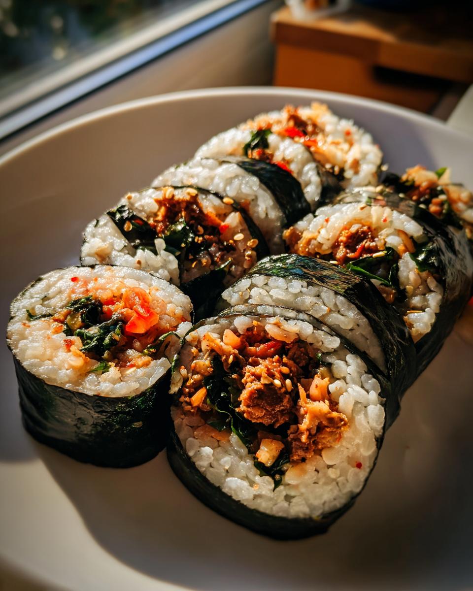 A plate of freshly sliced tuna kimbap rolls showing the rice, seaweed, and savory tuna filling.