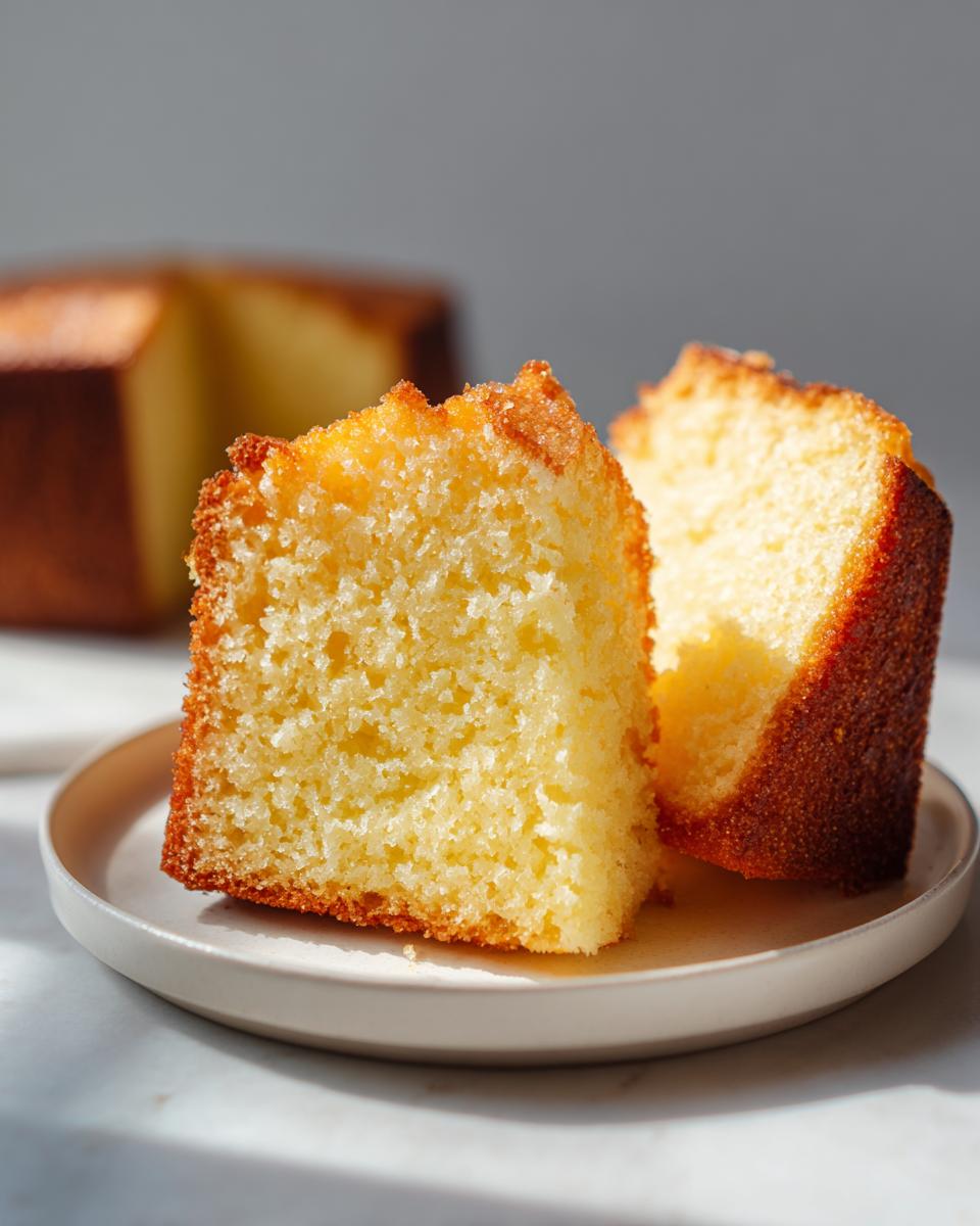 Two moist slices of condensed milk cake served on a small plate, showing the golden crumb texture.