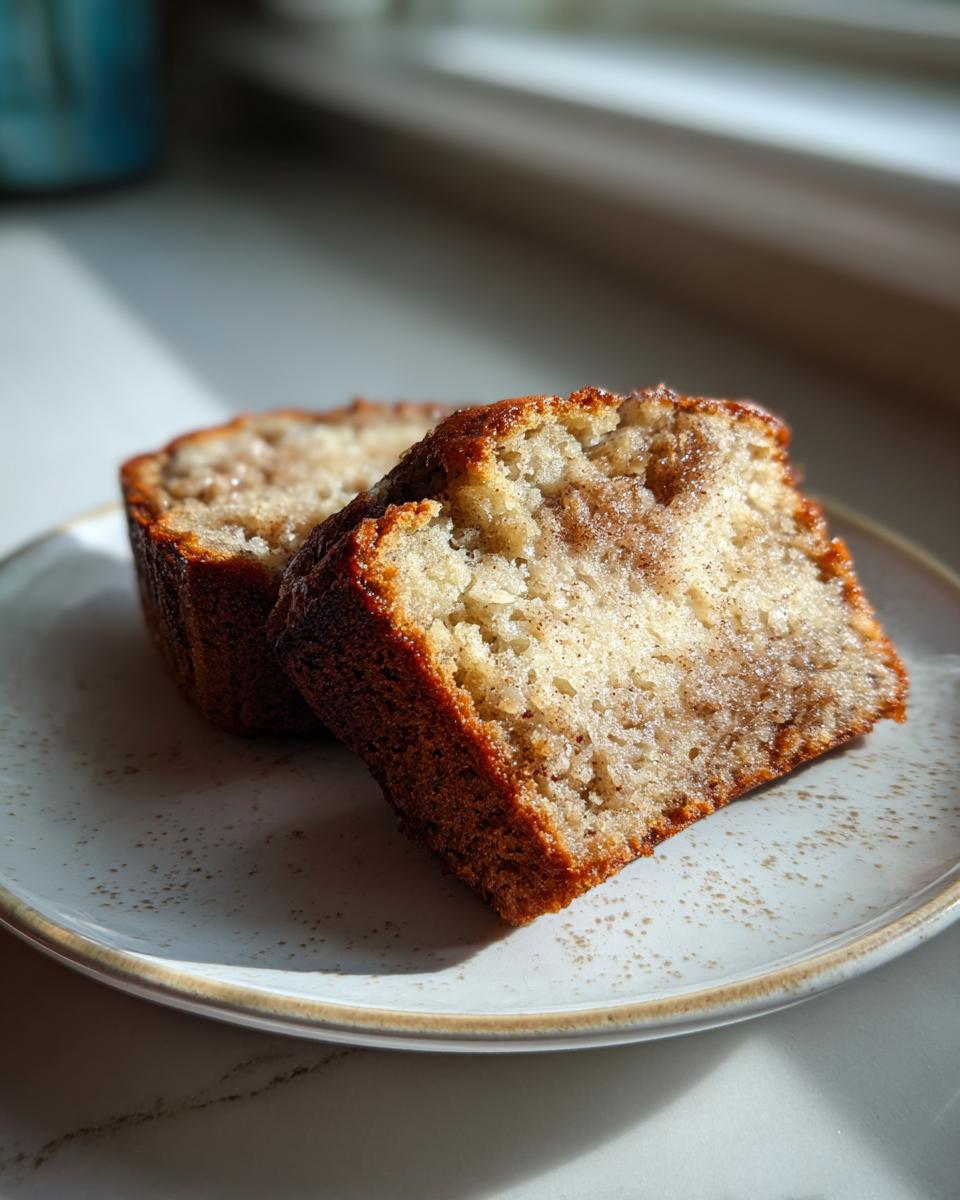 Two slices of moist greek yogurt banana bread with a cinnamon swirl, served on a speckled plate.