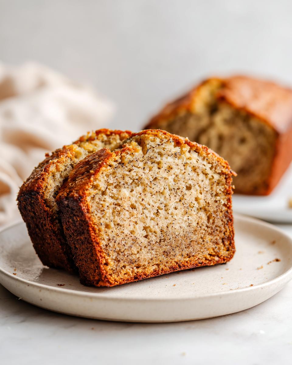 Two thick slices of moist greek yogurt banana bread displayed on a light ceramic plate, with the rest of the loaf blurred in the background.