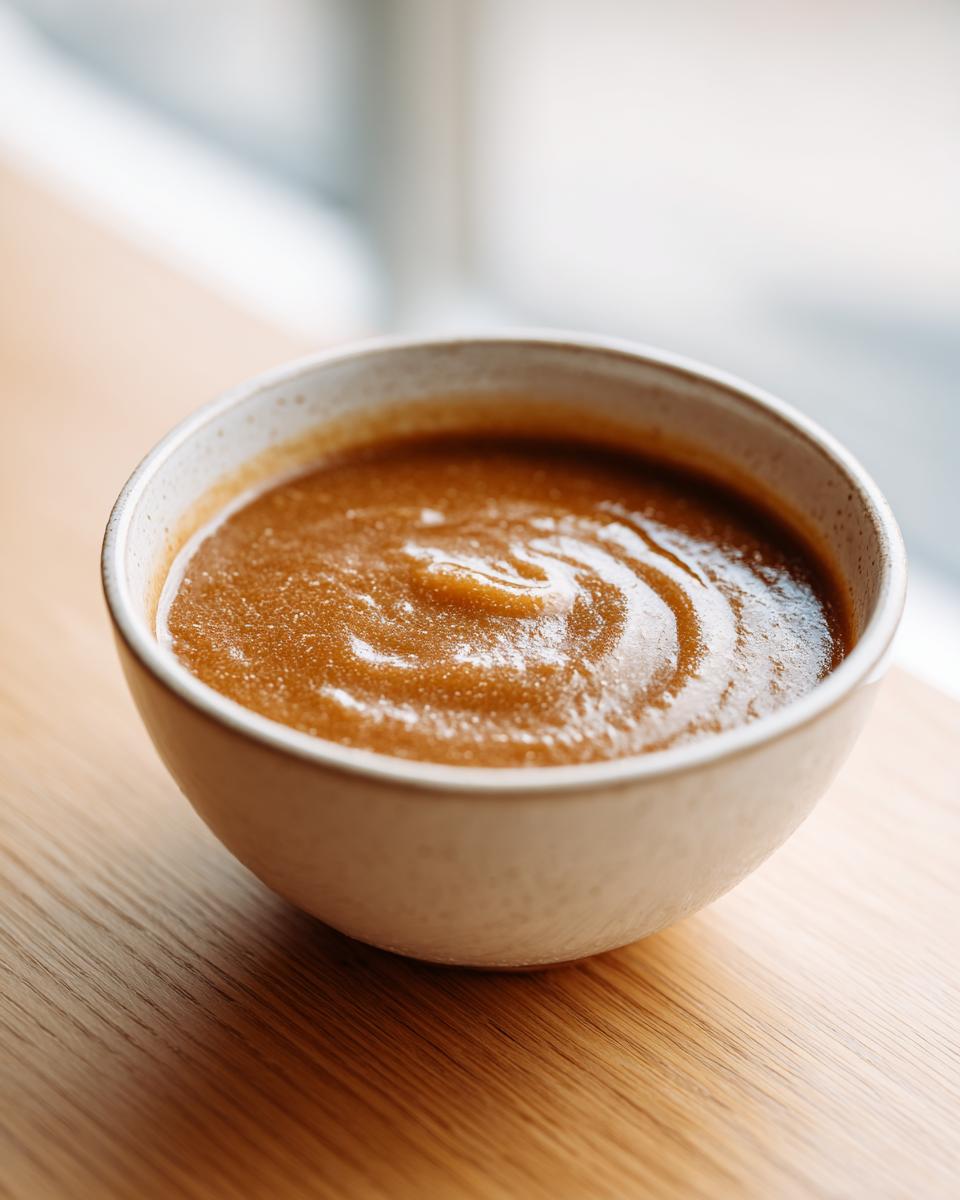A close-up of thick, rich brown chicken gravy with swirls on top, served in a small ceramic bowl.