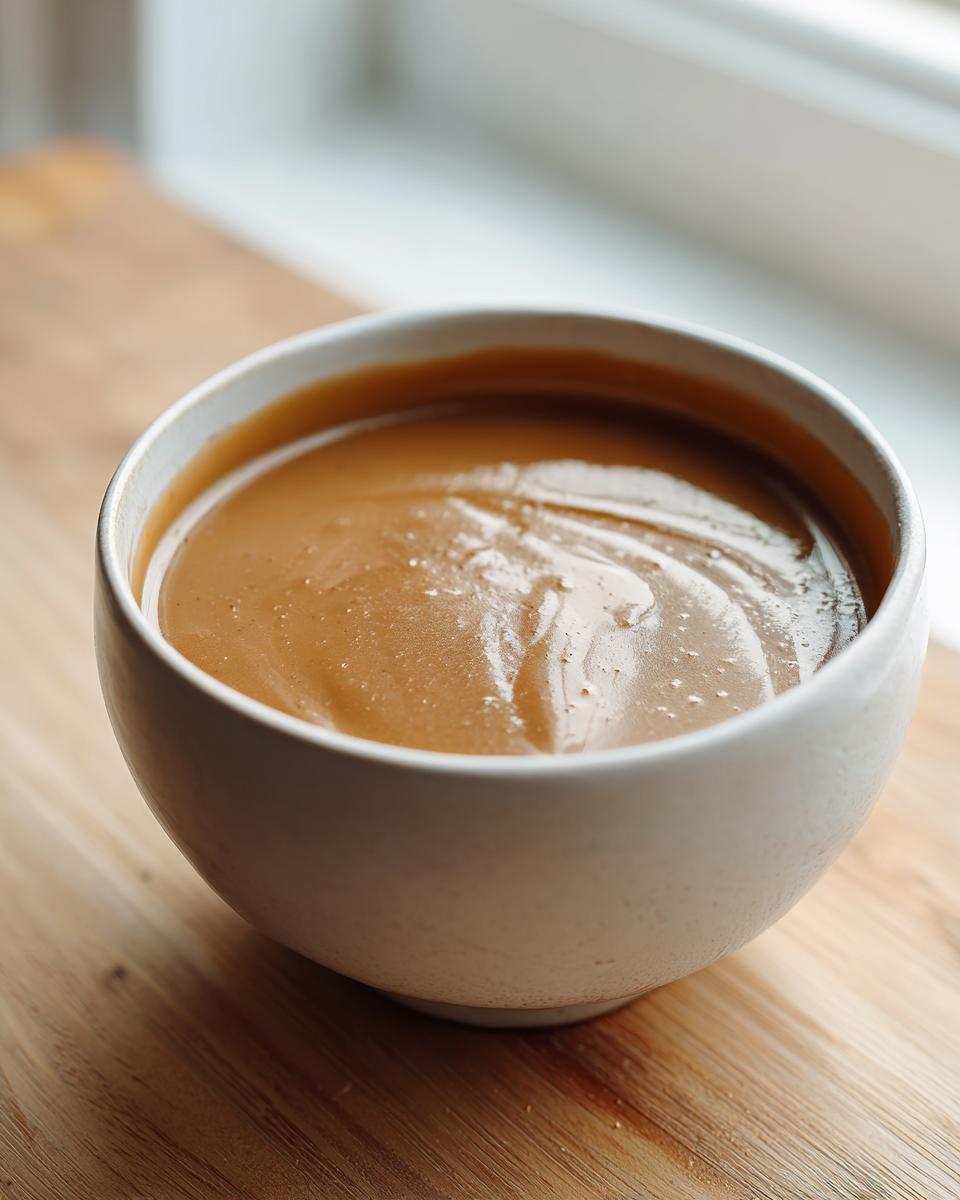A close-up of thick, brown chicken gravy served in a small white bowl on a wooden surface.