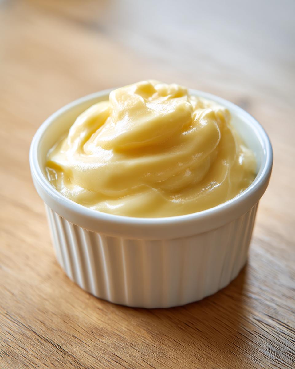A close-up of rich, creamy, yellow hollandaise sauce swirled in a small white ramekin on a wooden surface.