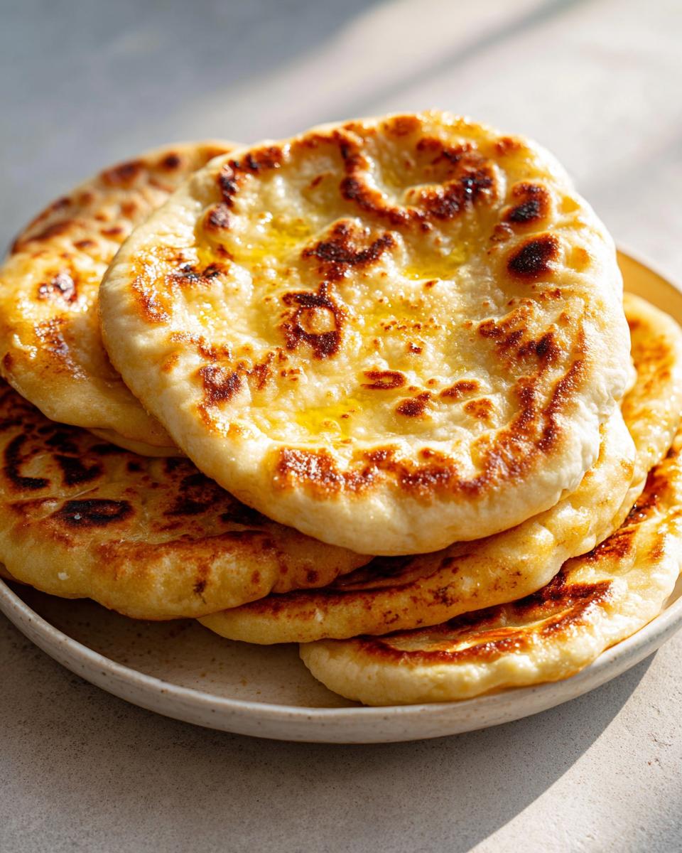 A stack of freshly made, soft naan bread rounds brushed with melted butter, showing golden brown charred spots.
