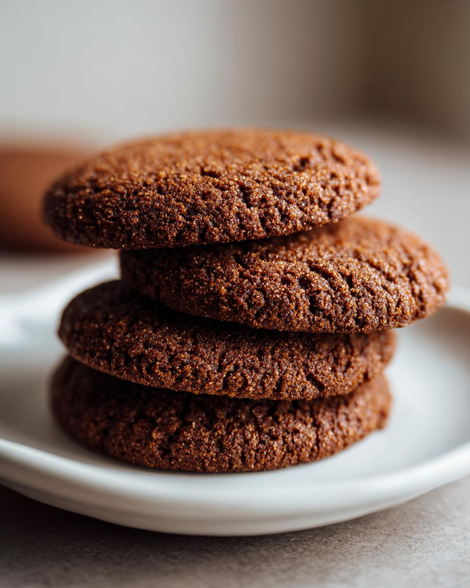 A close-up stack of four rich, dark brown soft gingerbread cookies resting on a white plate.