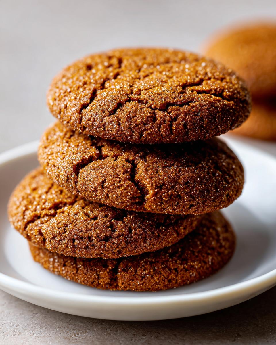 A close-up stack of three rich, dark brown soft gingerbread cookies coated in sparkling sugar.
