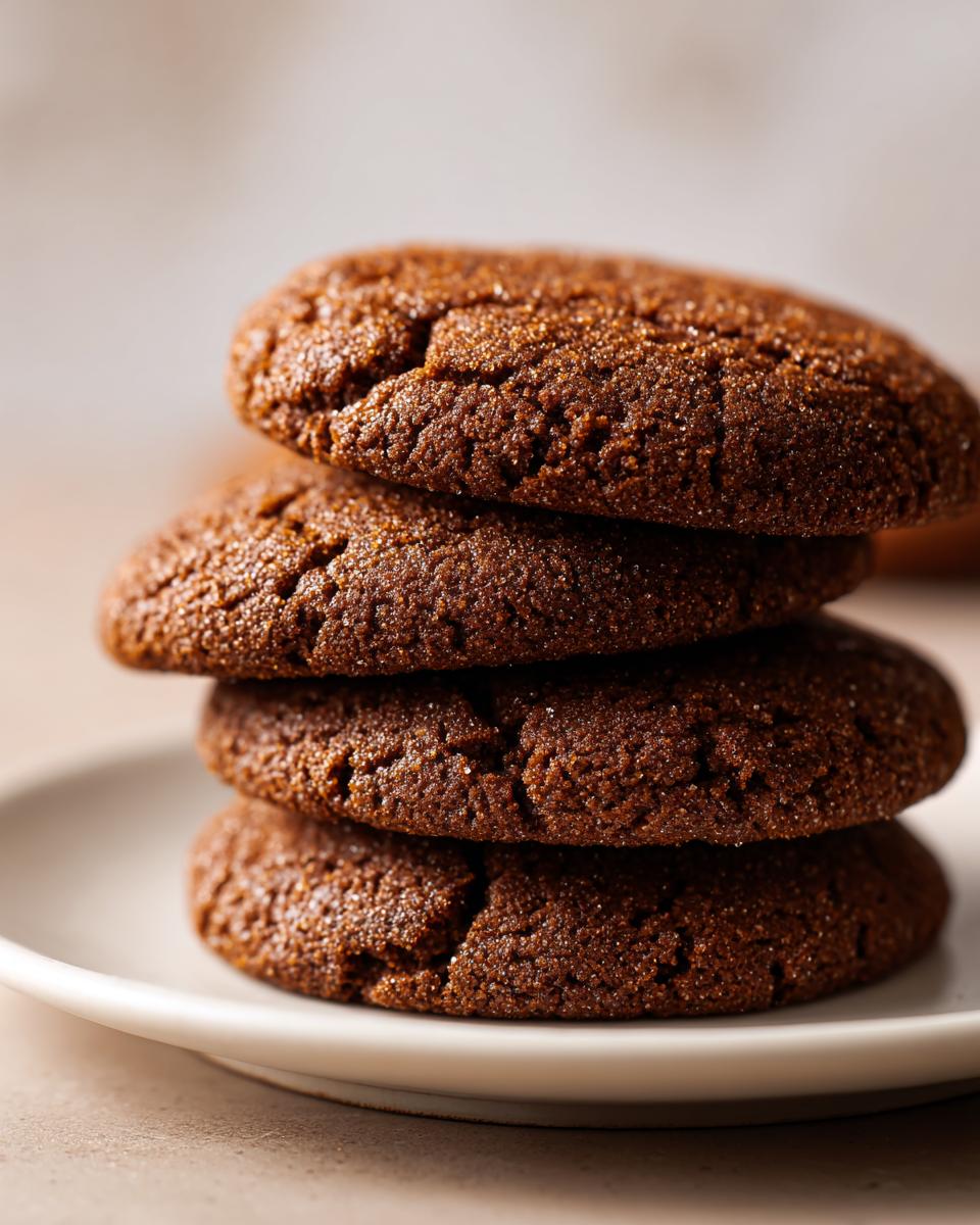 A close-up stack of four dark, chewy soft gingerbread cookies dusted with sugar on a light plate.