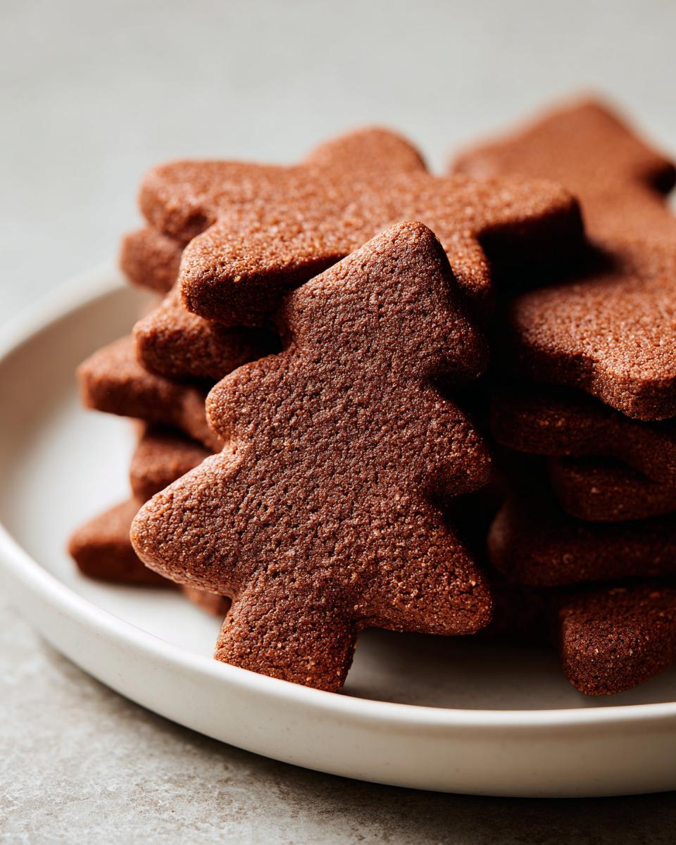 Close-up of a stack of dark brown, tree-shaped soft gingerbread cookies on a white plate.
