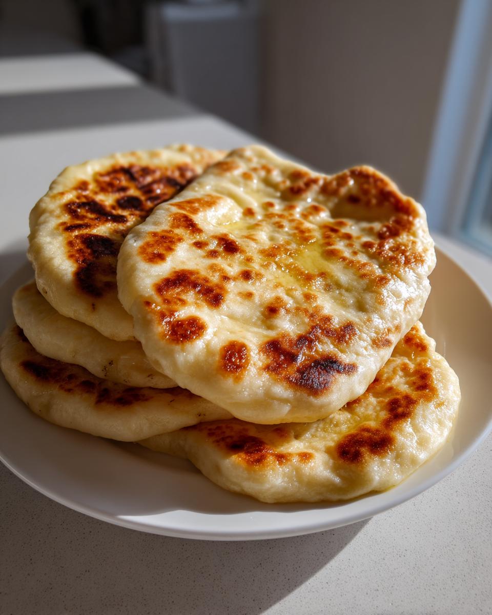 A stack of four freshly made, soft naan bread pieces with golden-brown char marks and melted butter.