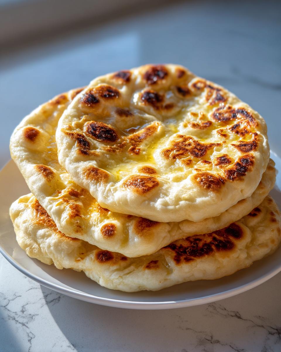 A stack of three fluffy, golden-brown naan bread pieces brushed with melted butter.