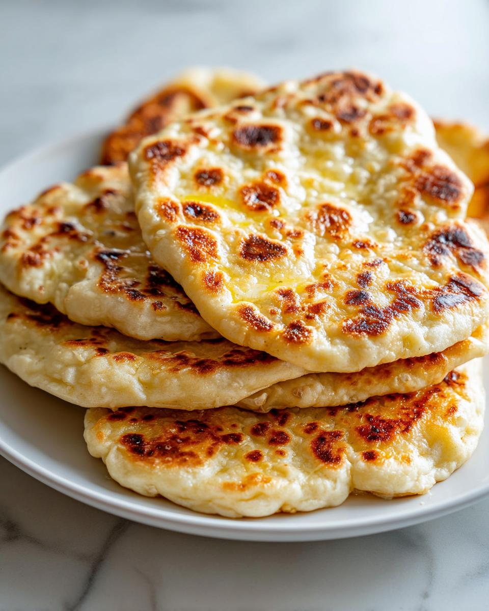 A close-up stack of freshly made, soft naan bread brushed with melted butter, showing golden-brown charred spots.