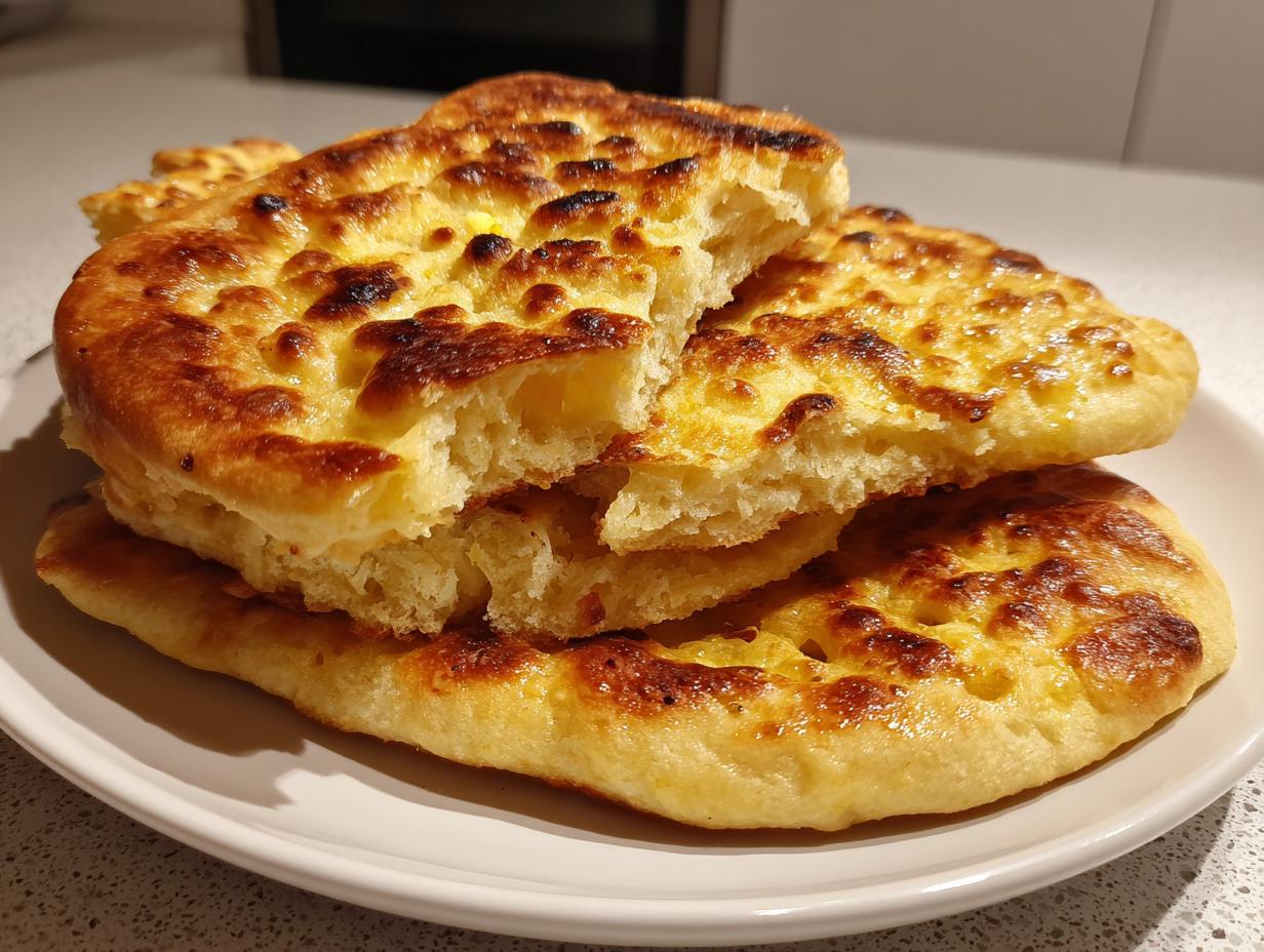Close-up of soft, fluffy naan bread stacked on a plate, showing golden-brown charred spots.