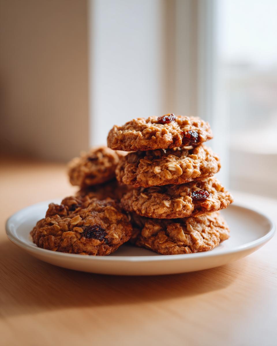 A stack of freshly baked, soft oatmeal raisin cookies piled on a small white plate, ready to eat.