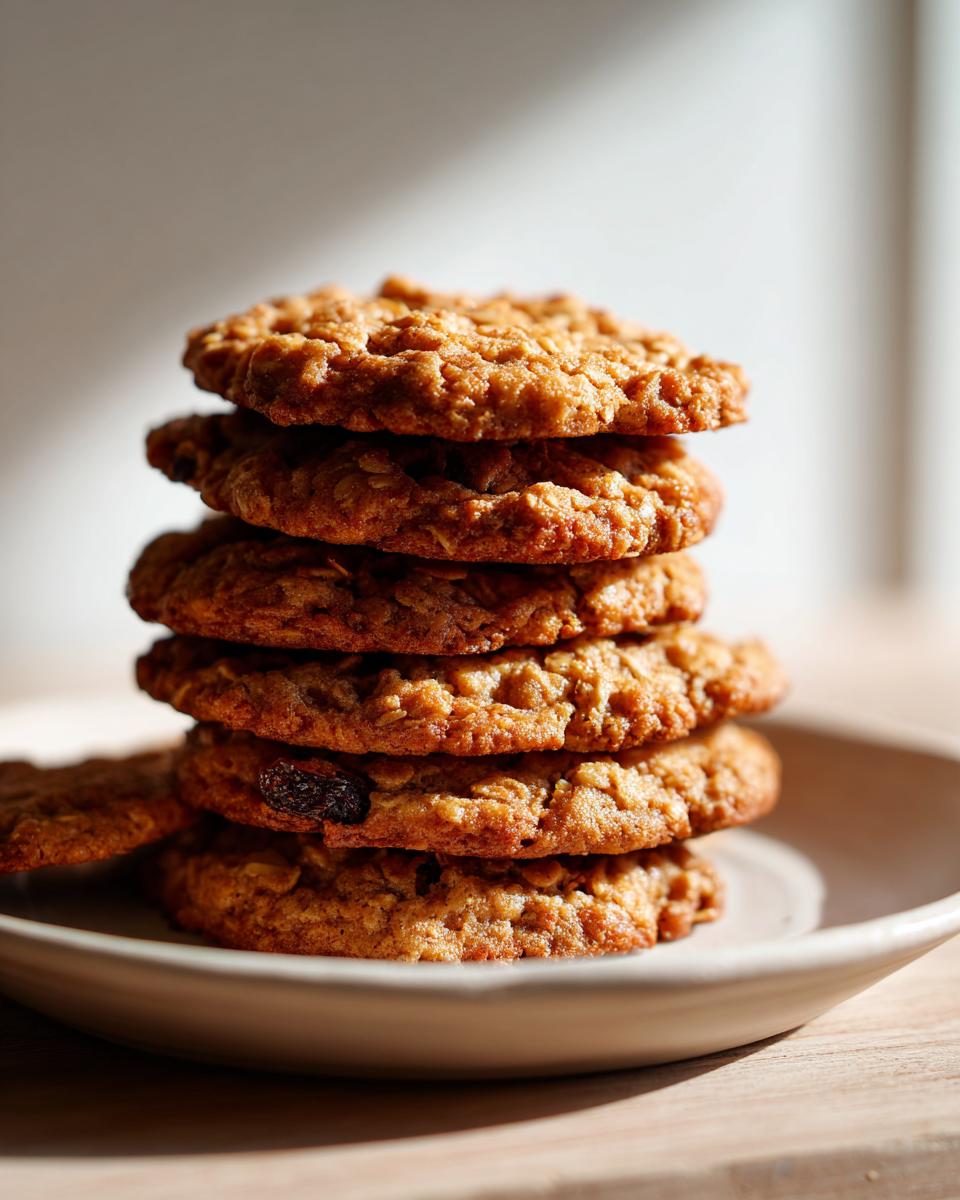 A tall stack of five perfectly baked, soft oatmeal raisin cookies resting on a light plate.