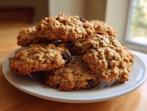 A close-up stack of freshly baked, soft oatmeal raisin cookies resting on a white plate near a window.