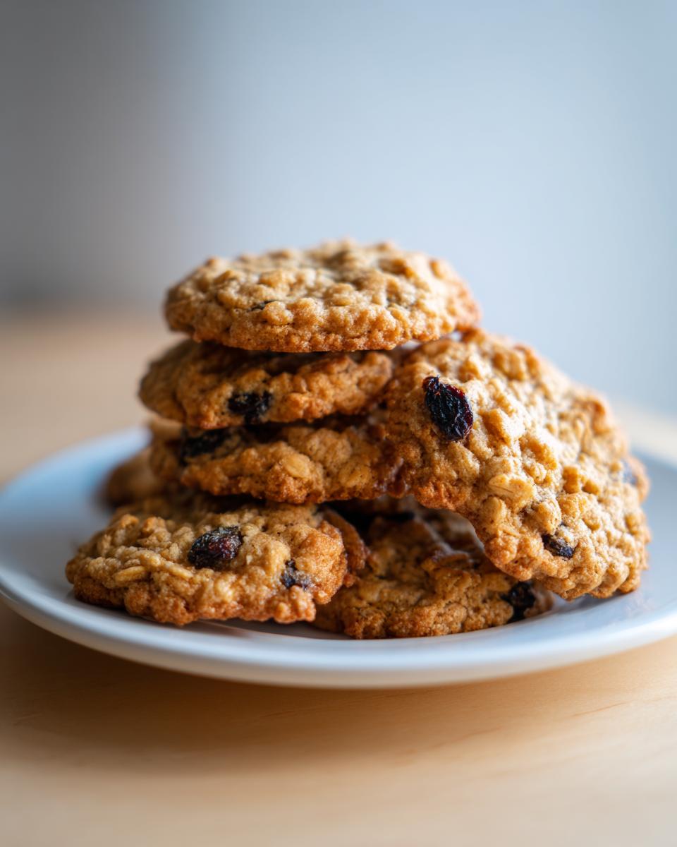 A tempting stack of freshly baked, soft oatmeal raisin cookies piled high on a small white plate.