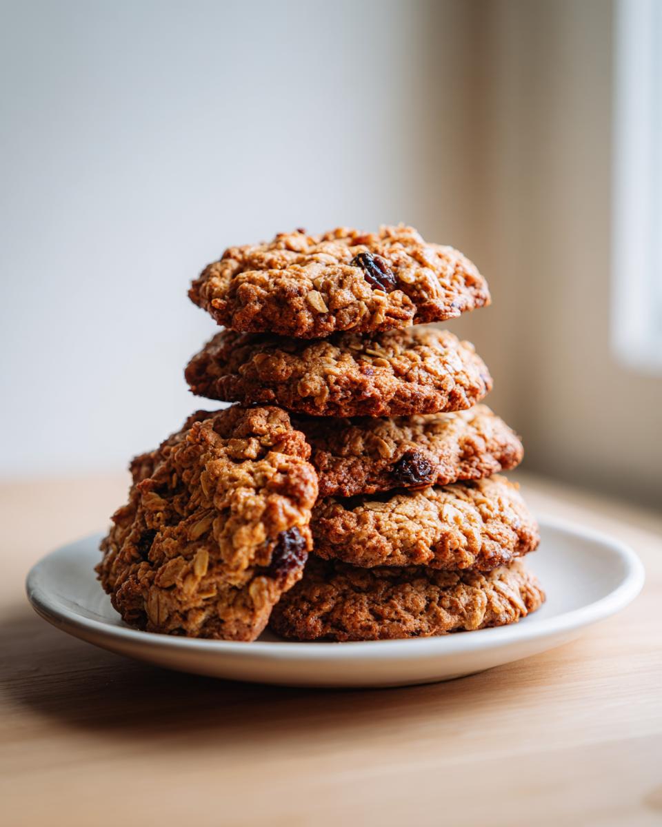 A stack of five soft, chewy oatmeal raisin cookies piled high on a small white plate.