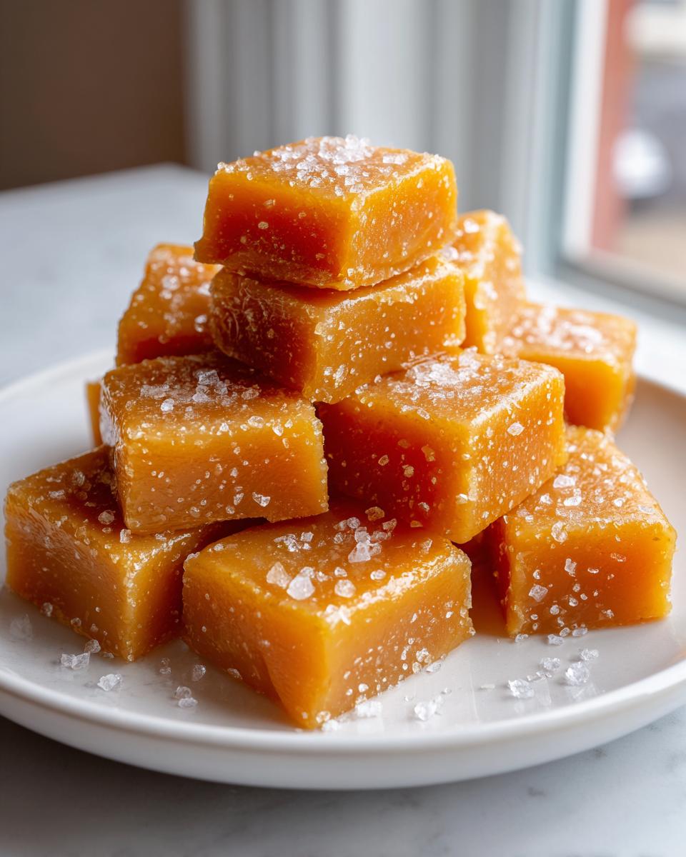 Close-up of a stack of soft, chewy, golden-brown caramels sprinkled generously with flaky sea salt.