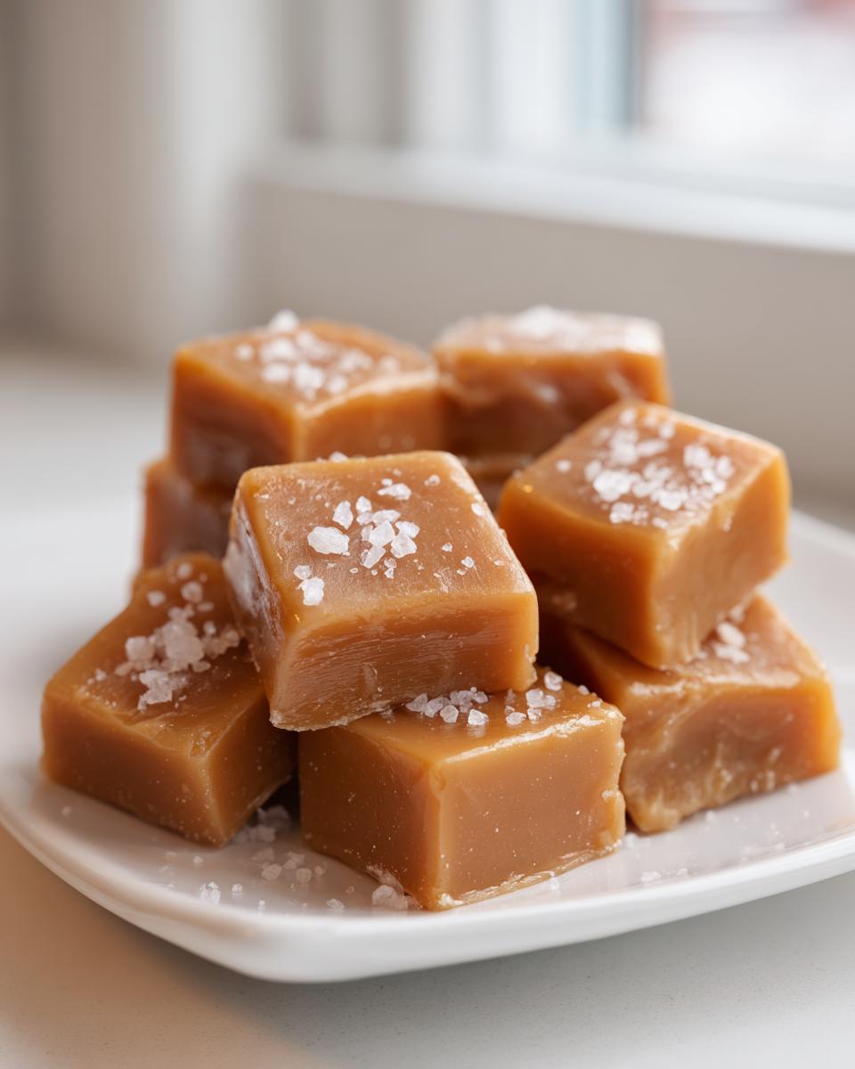A tempting stack of soft, chewy, homemade caramels topped generously with flaky sea salt.
