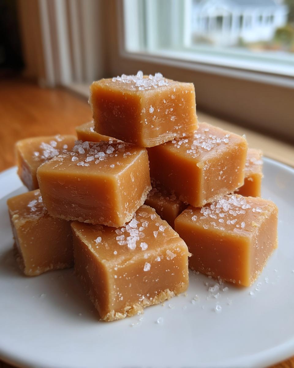 A stack of homemade, soft, square caramels sprinkled generously with flaky sea salt.
