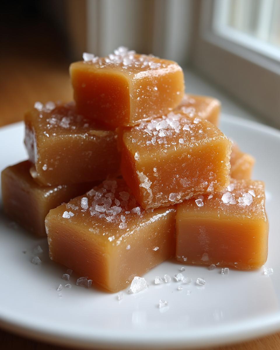 A stack of soft, chewy sea salt caramels dusted with flaky sea salt crystals on a white plate.